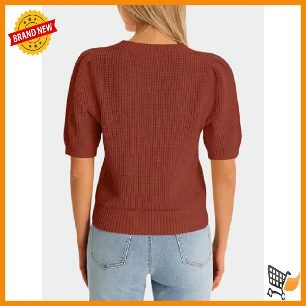 Cropped Ribbed Knit Sweater Puff Sleeves Lightweight Pullover Casual Loose Fit - Picture 5 of 8